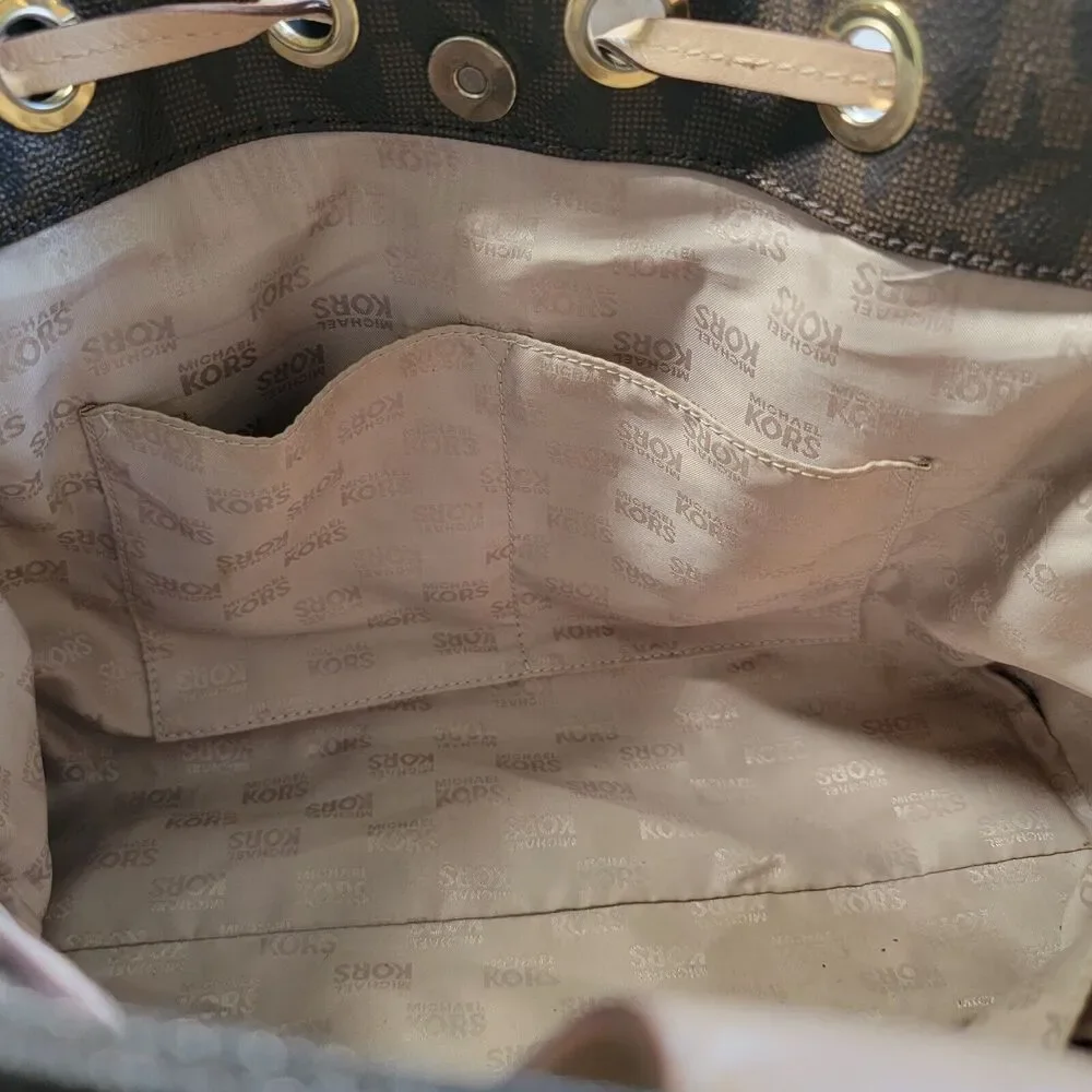 Michael Kors Brown Monogram Drawstring Satchel Handbag Purse Double Top Handle